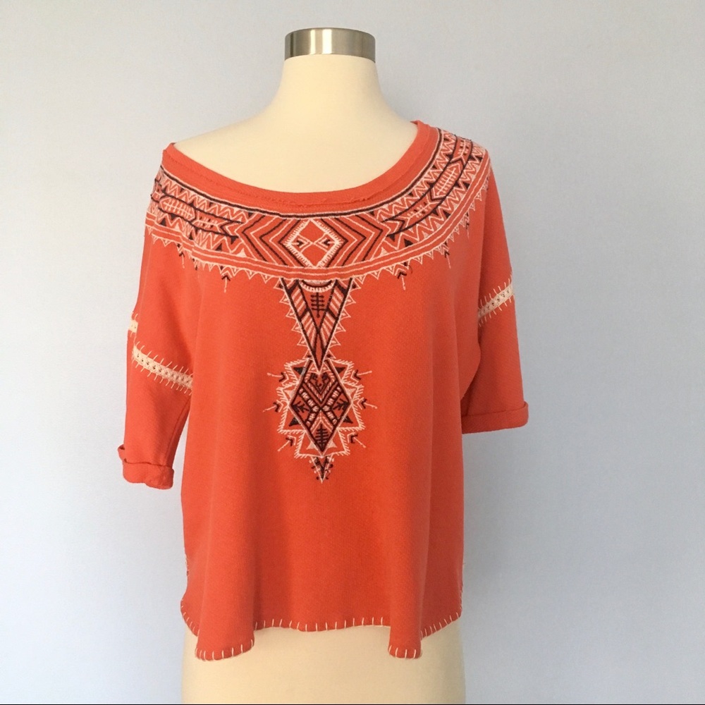 Free People Orange Southwest Embroidered  Shirt